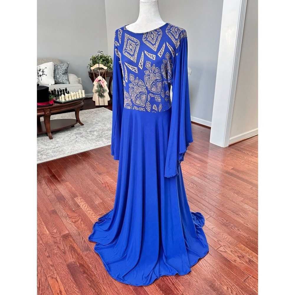 Handmade Bell Sleeve Blue Gold Glitter Unique Pattern Formal Gown Dress - Picture 10 of 12